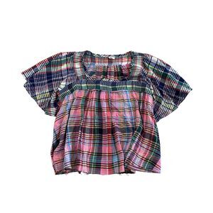 Anthropologie Pilcro Mixed Madras Flutter-Sleeve Blouse Size L